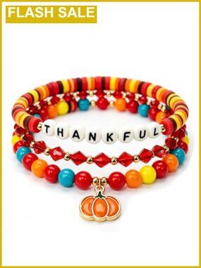 Thankful Beaded Charm Bracelet Set Gold Tone Stackable Thanksgiving